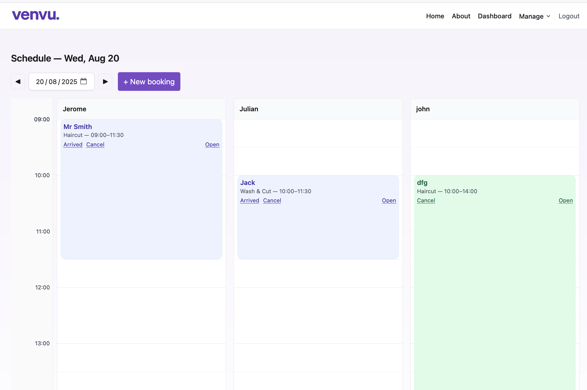 Venvu scheduling interface showing staff calendars and bookings